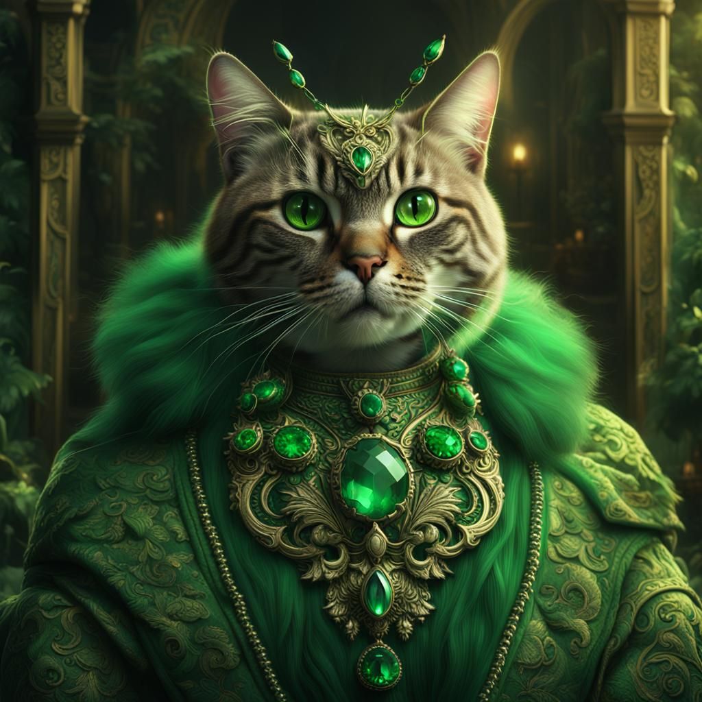 a cat wearing green jewelry