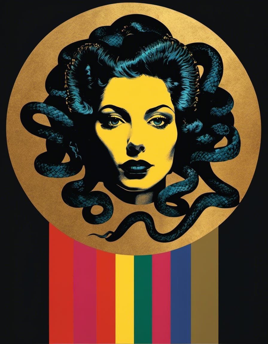 Medusa snake hair Woman snake hair altarpiece by Egon Schiele Andy Warhol portait collage golden