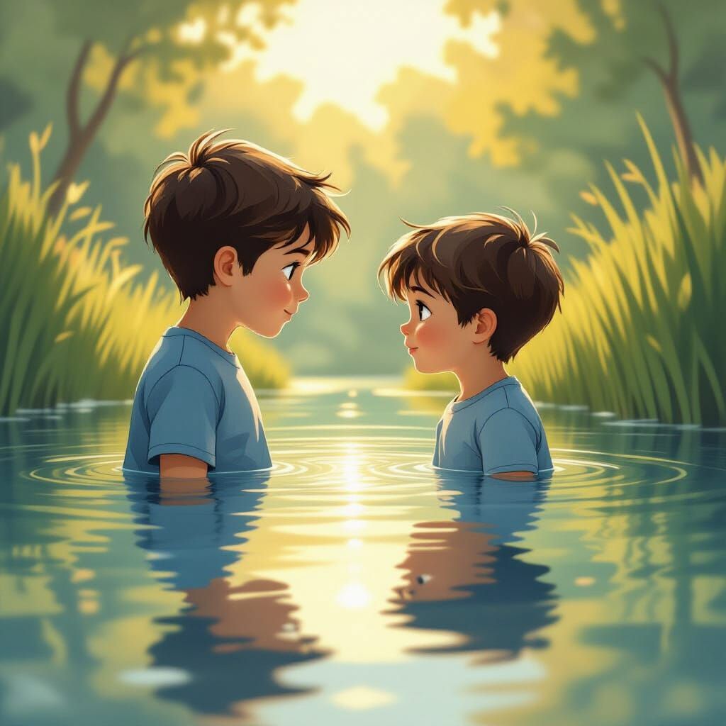 Boy Gazes at Reflection in Golden Hour Water