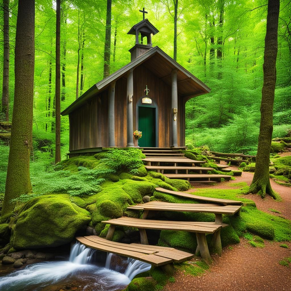 Bright green forest with a chapel 