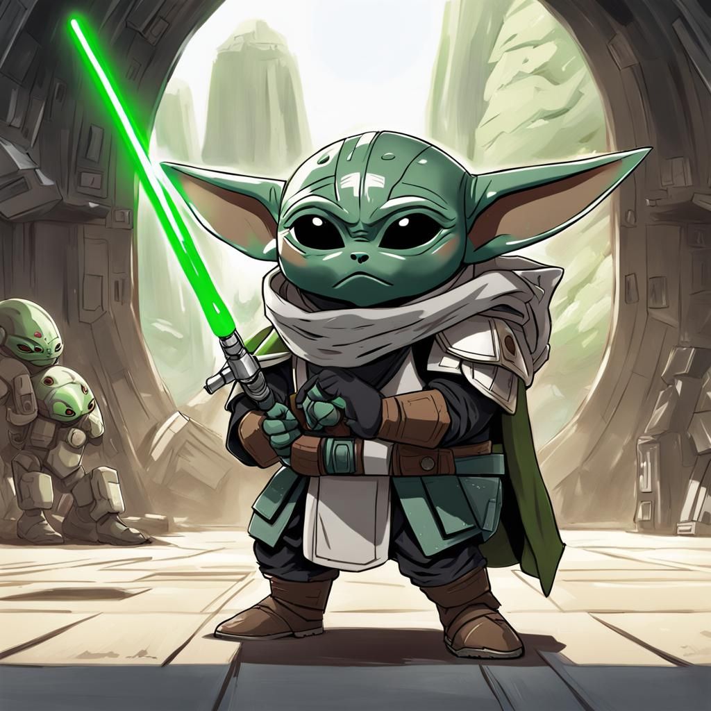 A teenage Grogu preparing to fight