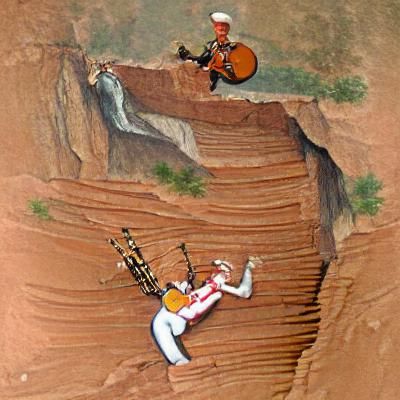 A man playing in a one man band falling off a cliff