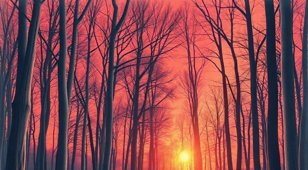 Hyperrealistic Sunset Landscape Drawn by Illuminated Pencil