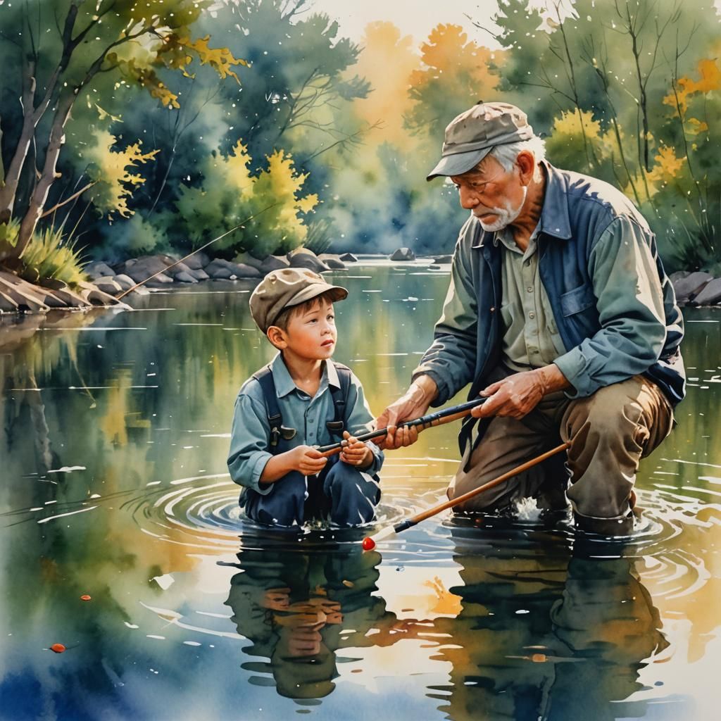 grandson and grandfather fishing  by @undefined