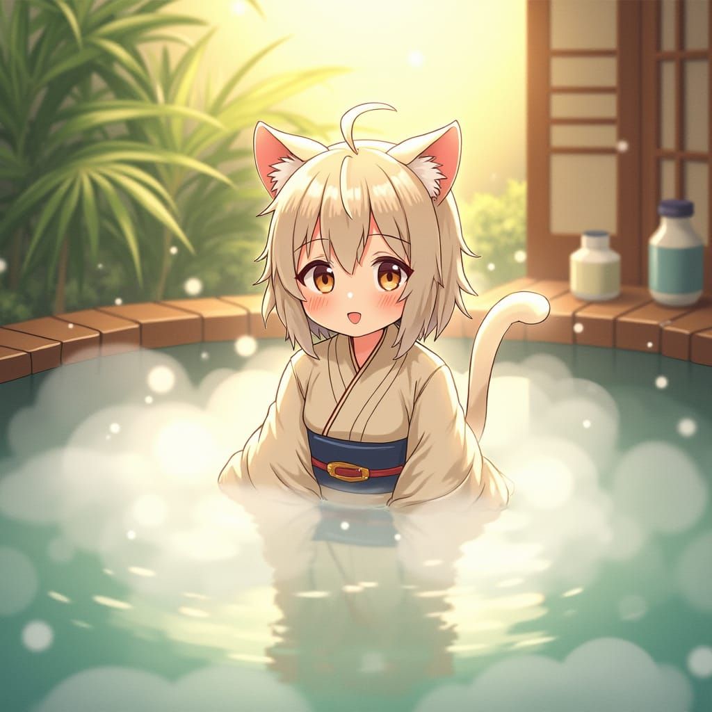 Bath Time - Whimsical Anime-Inspired Cat Girl in Serene Hot