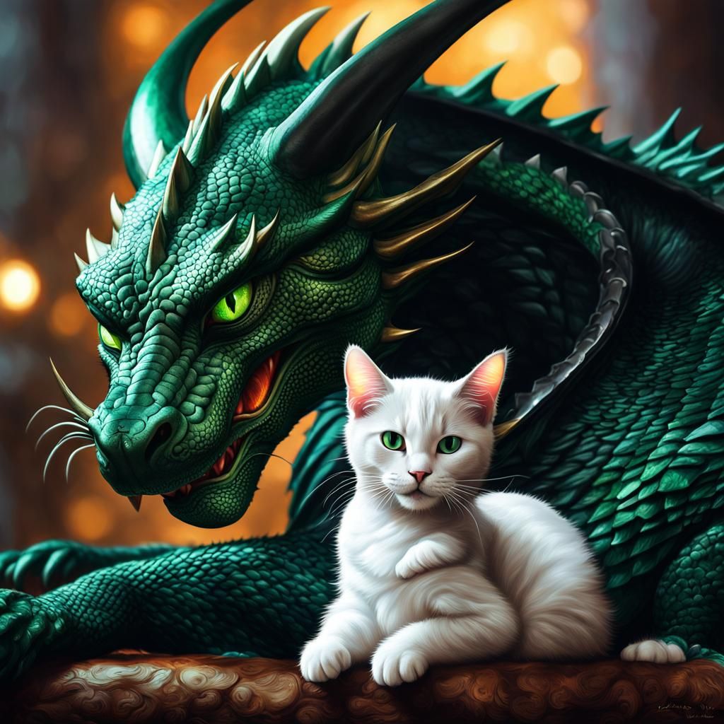 realistic looking dark green dragon cuddling with a white cat, and a ...