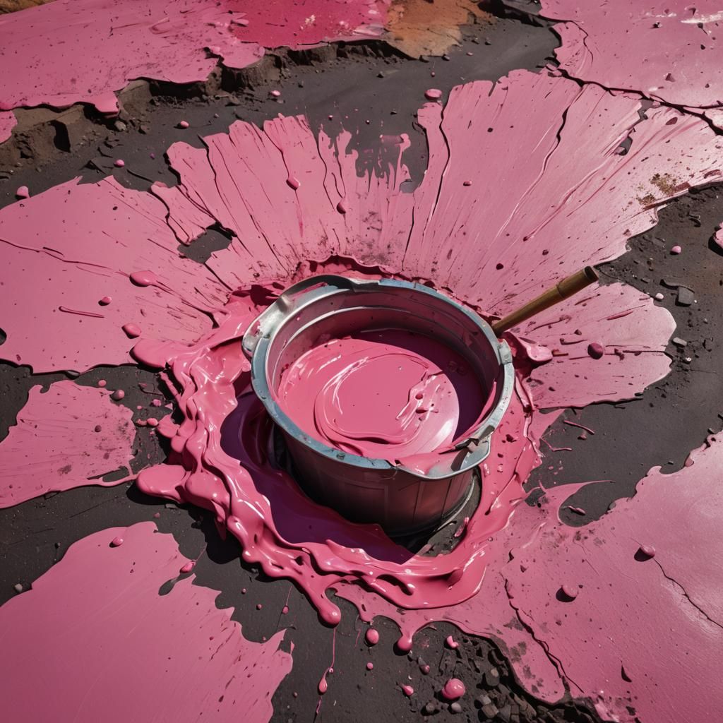 Hyperrealistic Landscape Painting with Pink Paint Spill