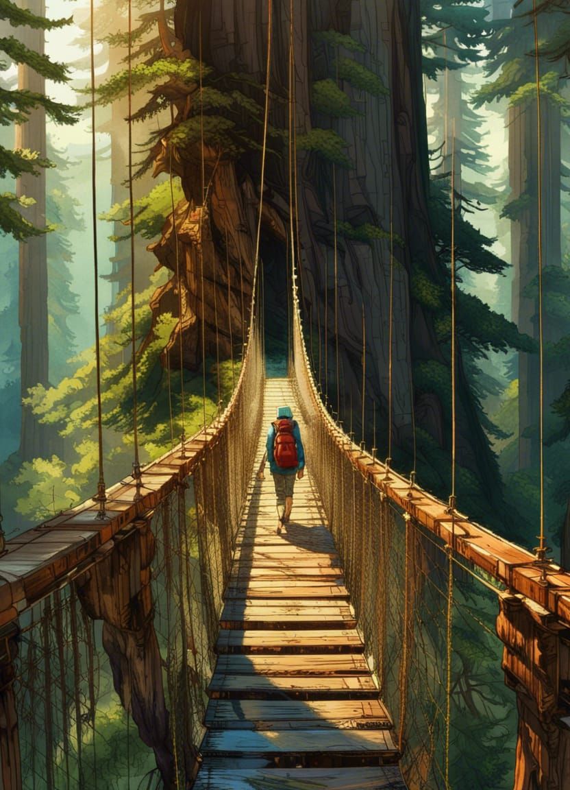 Hiking on a suspension bridge high between Giant redwood trees  by @Mike Ritchie