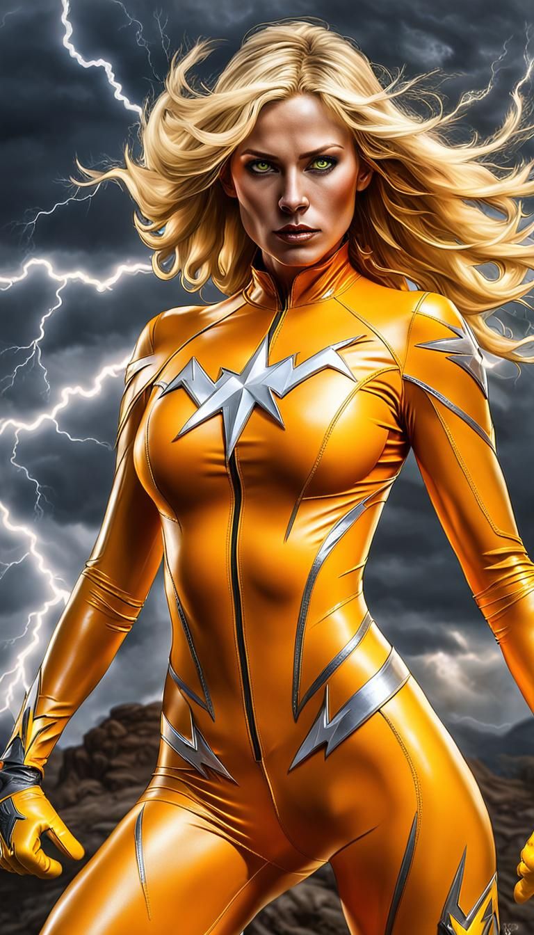 First woman, shoulder length blonde hair flowing behind her,...
