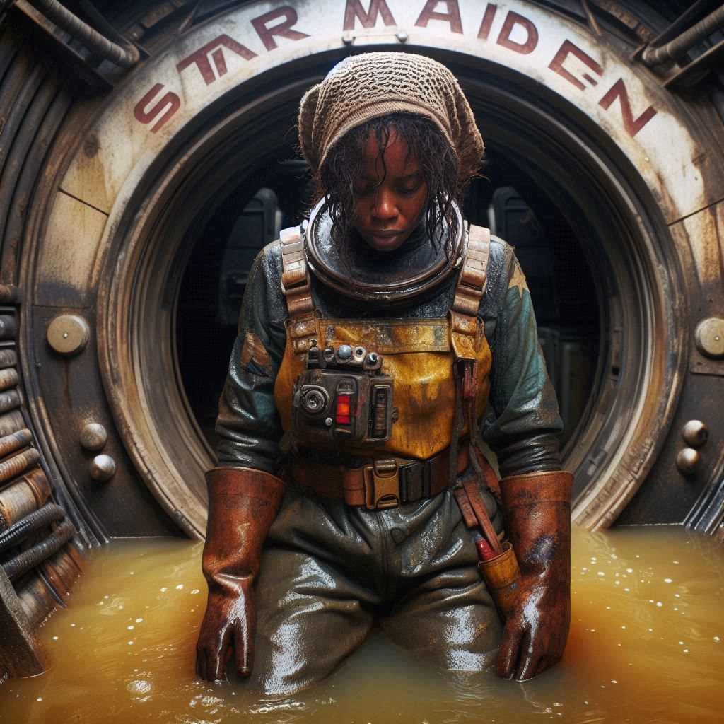 A tired female worker enters the water tank of an old spacef...