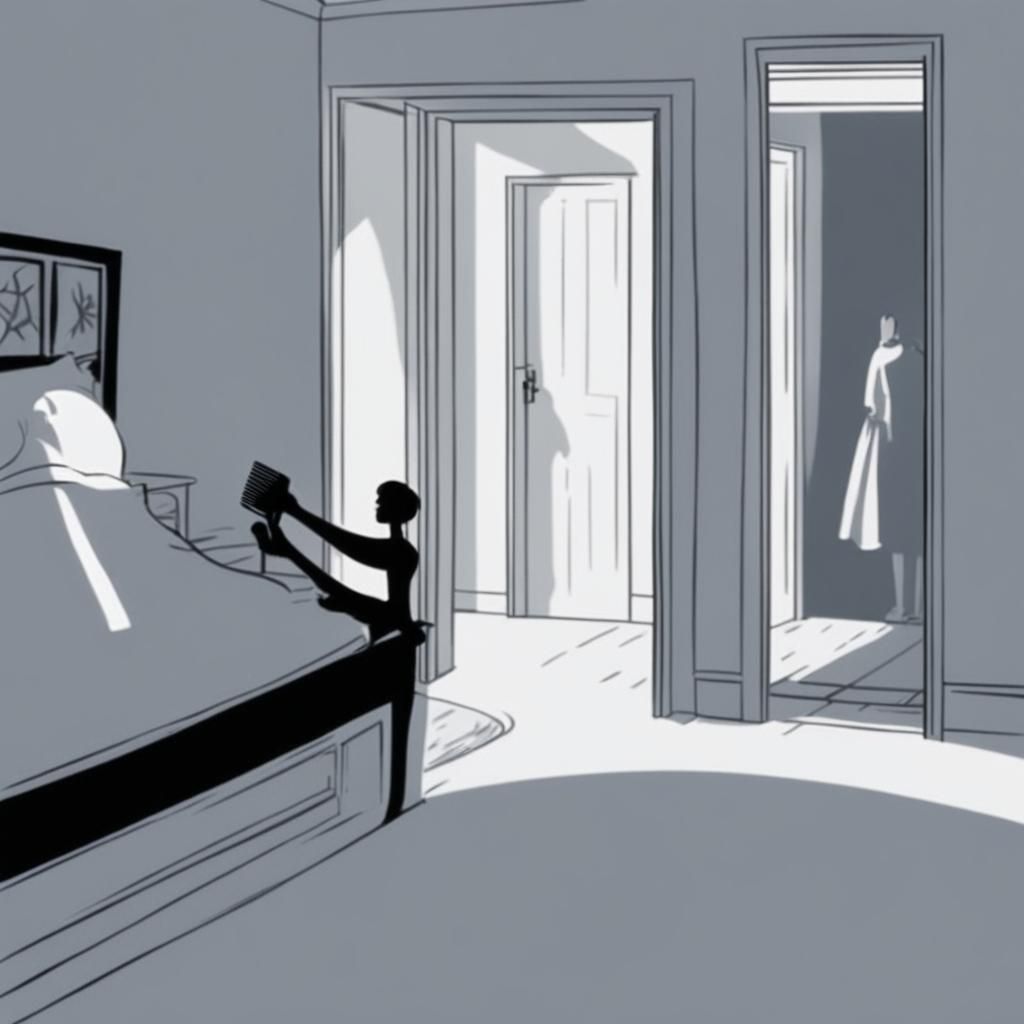 A shadow dressed as a woman in the bedroom watches me while ...