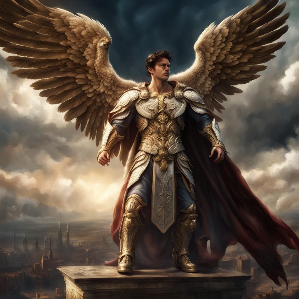Italian male, religious, wings, superhero, avenging angel, holy light ...
