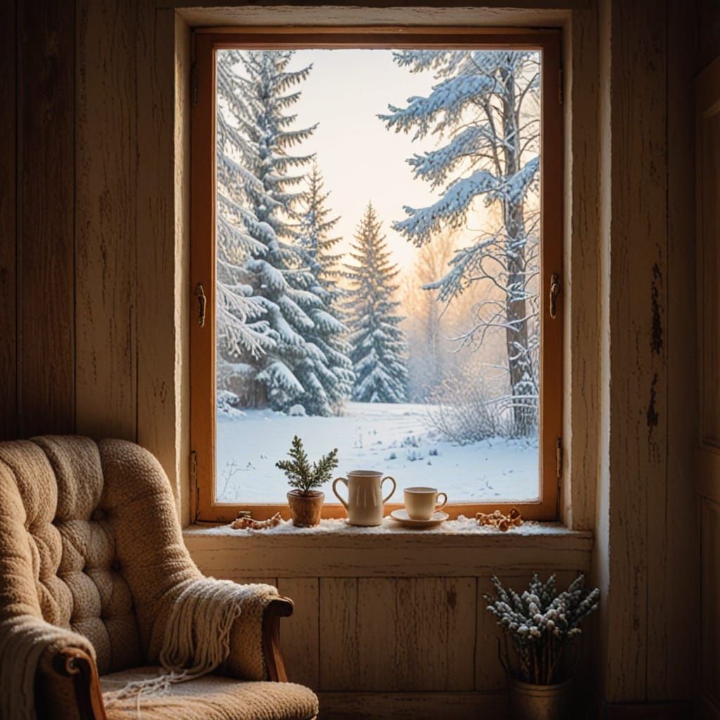 The soft, golden light of a winter sunset pours through the frosted ...