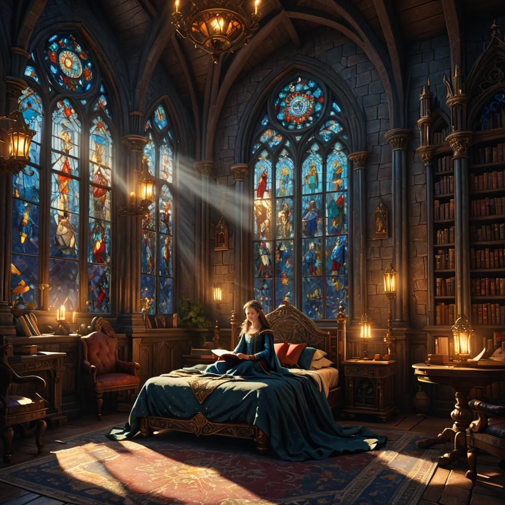 Medieval Lair library adjoining bedroom, a beautiful princess sits on her bed reading, with sunbeams ...  by @Orbitalrealm