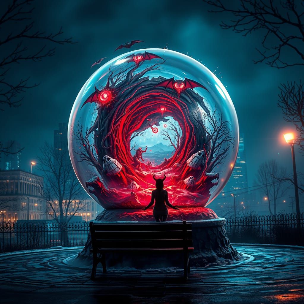 a sky scraper, looking over a tiny city inside a snow globe snow inside a snow globe. sinister by Greg Rutkowski