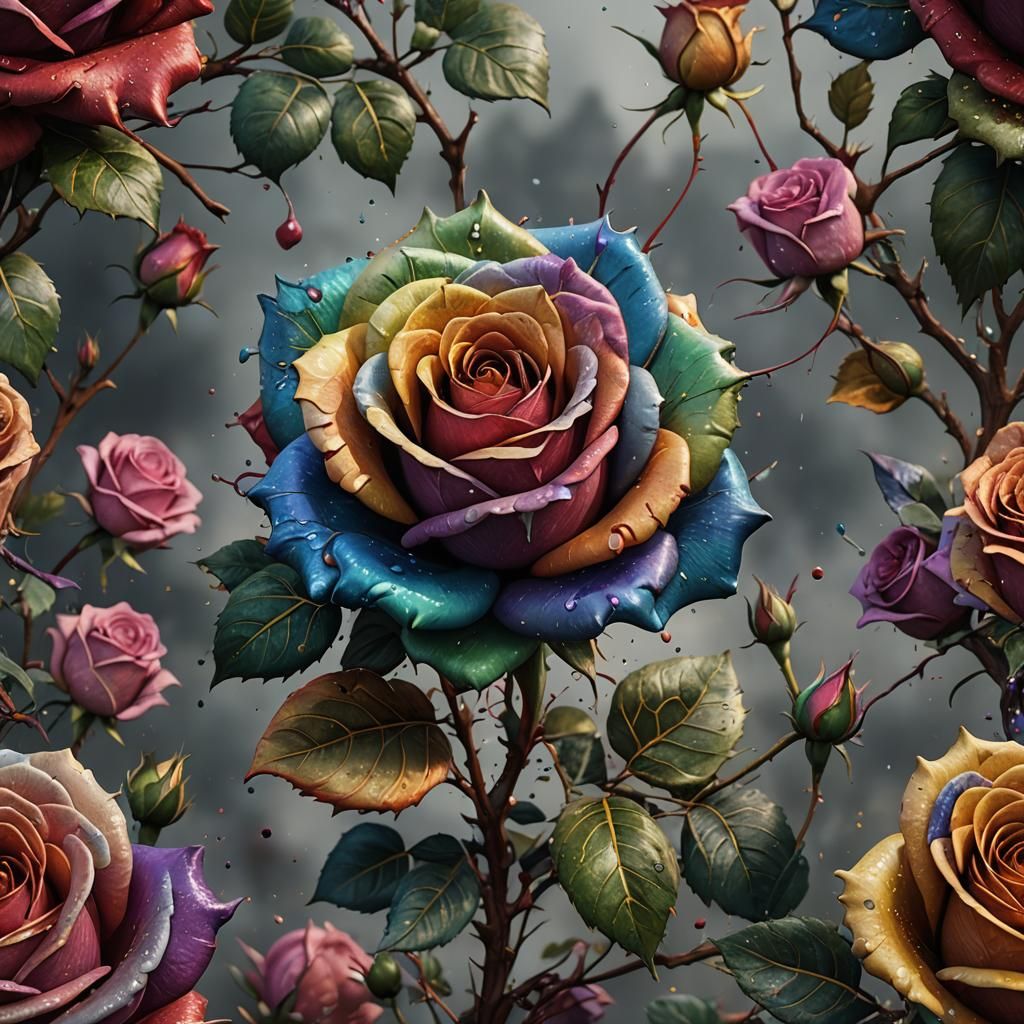 A multi colored artisan rose in full blow close up highly de...