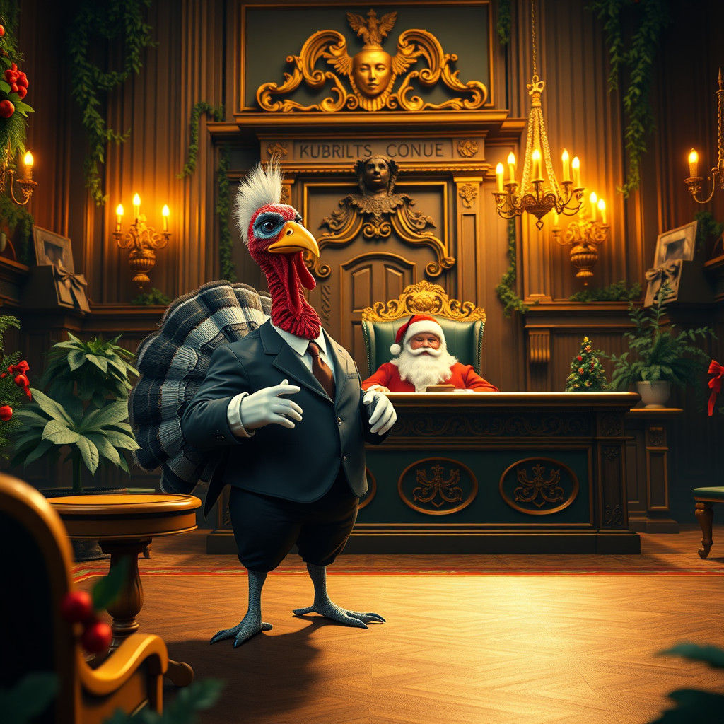 A cartoon turkey in court suing Santa Clause