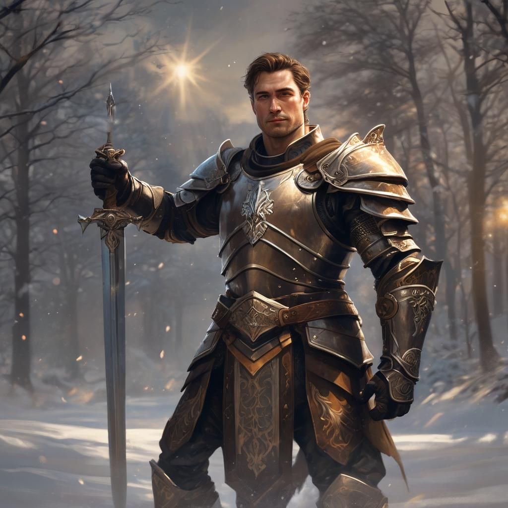 Mid 30s, male Human, Paladin, just over 6’ tall, muscular, brown hair, sun motif, Appealing smile, comfortable. Wearing plate armor, Pointin...