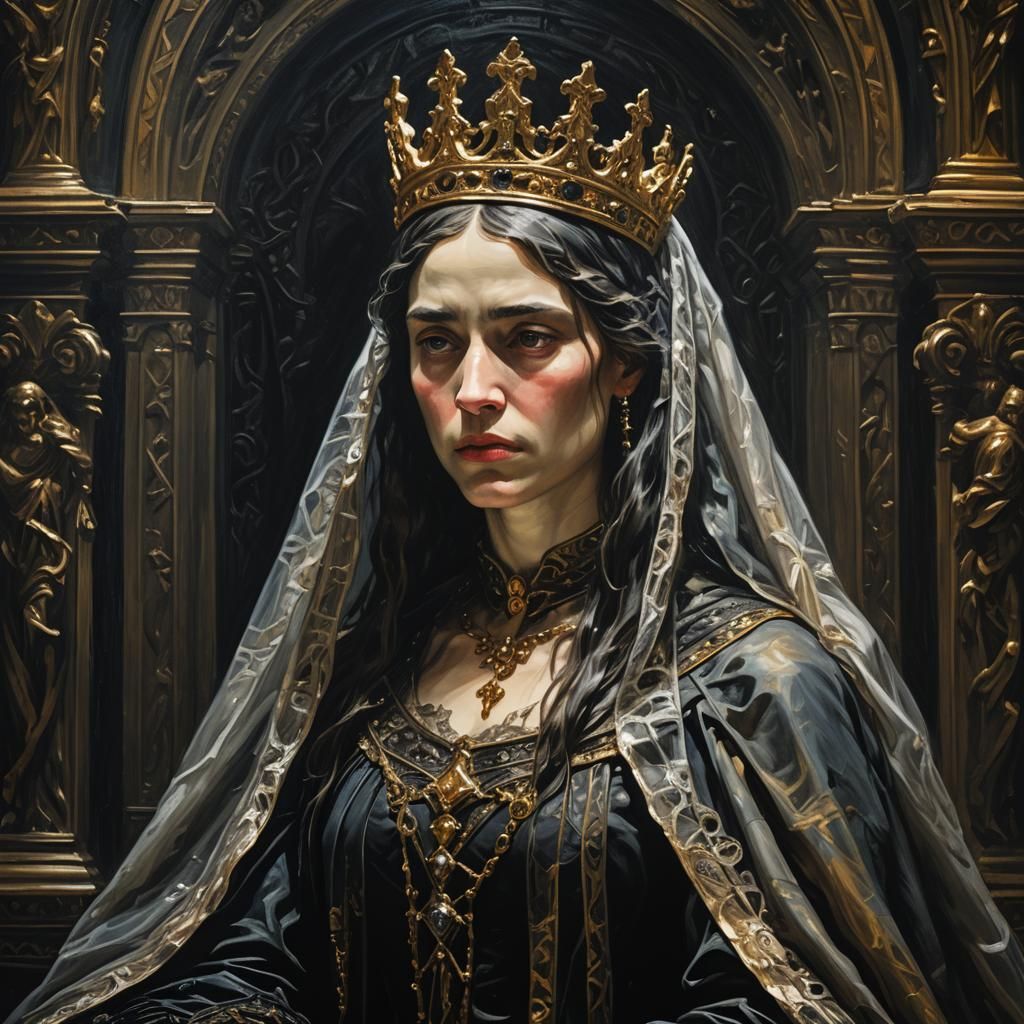 A Gothic queen, veiled in shadows, mourns her beloved, who w...