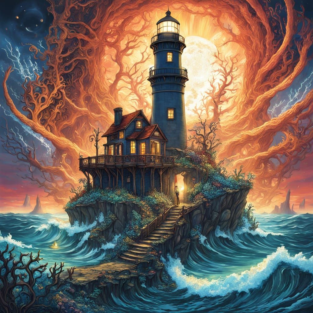 Imagine a lighthouse standing guard over a hidden Lemurian city beneath the waves, its beam guiding ancient ...  by @Jer Morgan