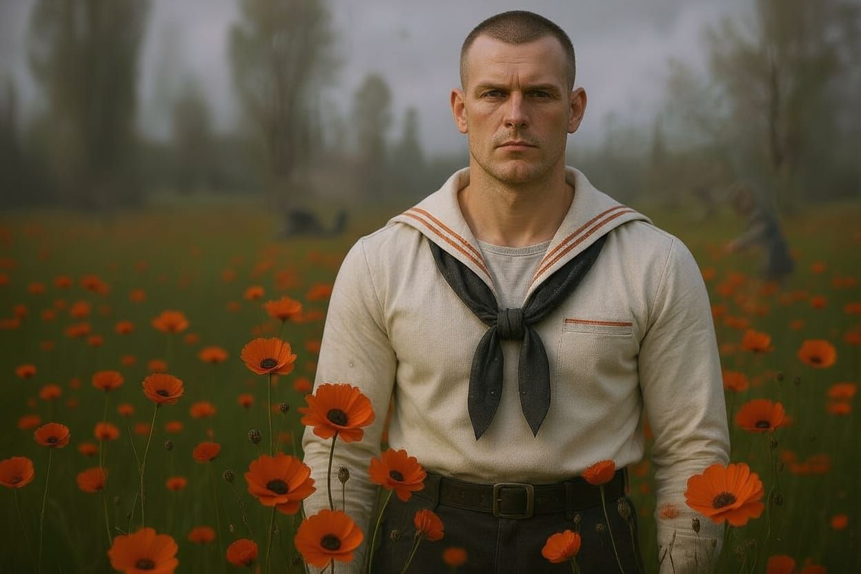 WWI sailor {35, blonde buzzcut, blue eyes, fair skin, square jaw, high cheekbones, chiseled features, strong brow, cleft chin, muscular : 4....