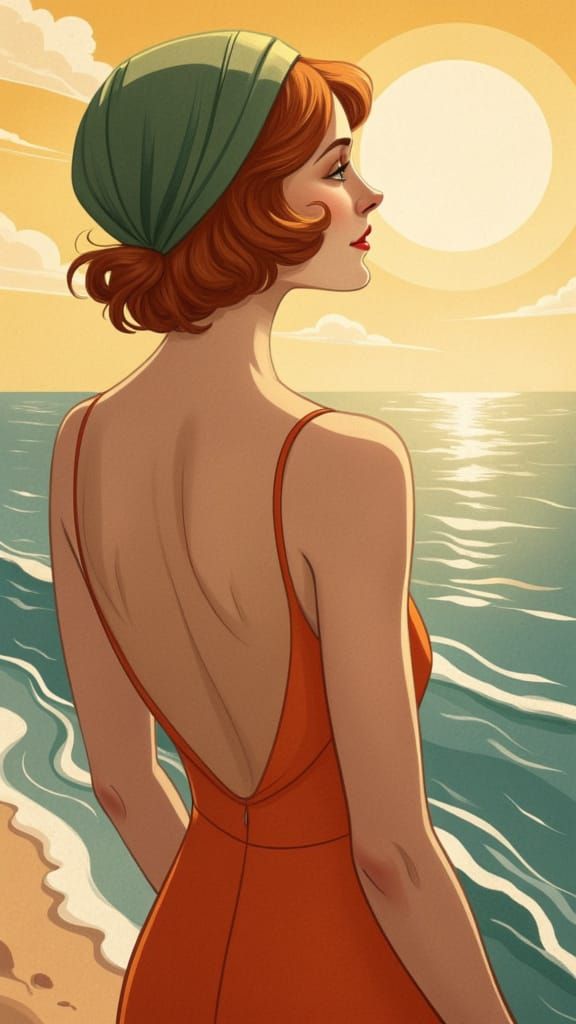 Art deco style: Back view Portrait of a beautiful ginger woman with slightly wavy hair, a green silk scarf in her hair, and a orange swimmin...