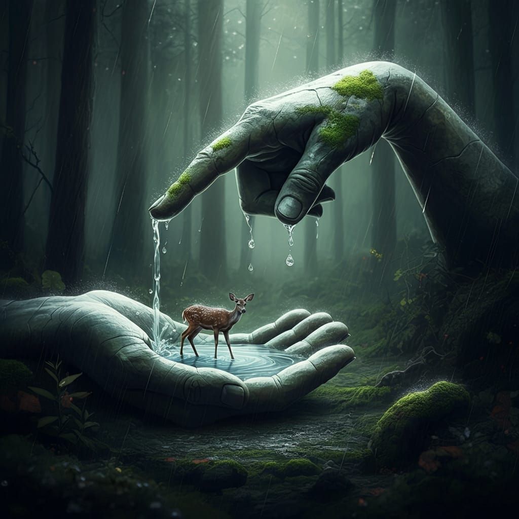 Giant pair of stone hands proving drink and shelter to deer ...