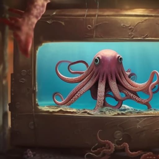 Realistic octopus crawling out of a box on the ocean floor