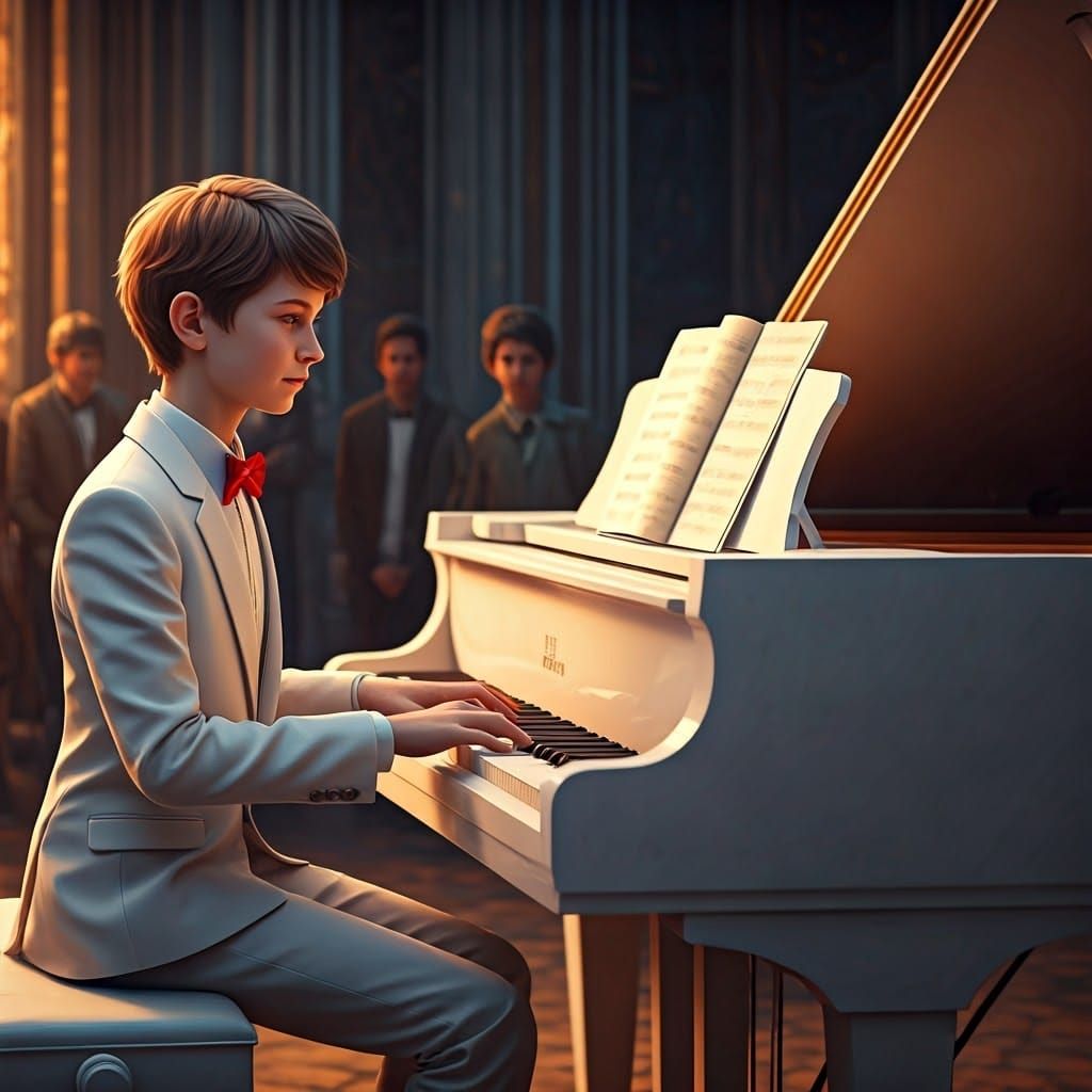 Young Maestro Plays Grand Piano with Elegance and Wonder