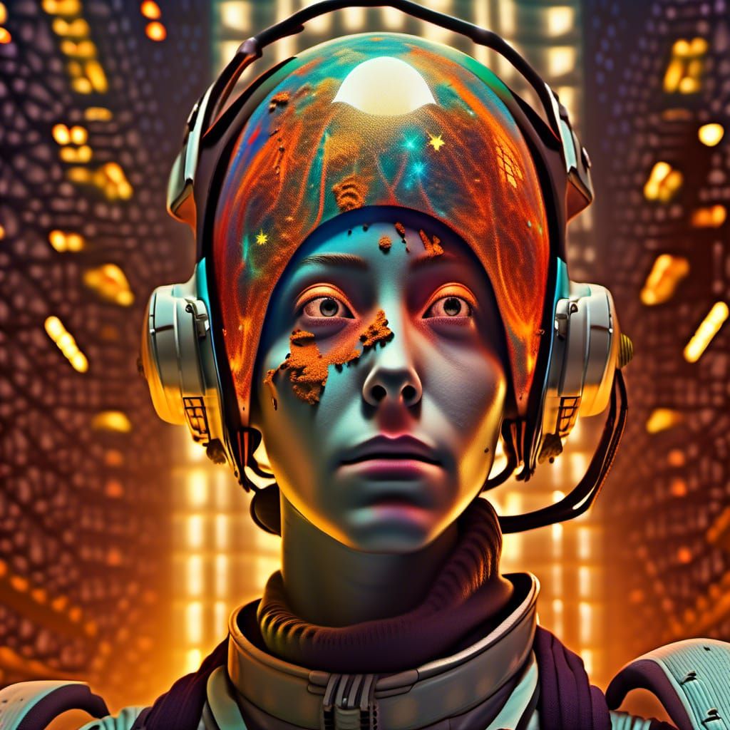 Futuristic haunting, post-apocalyptic cityscape, where the crumbling remains of skyscrapers and highways are slowly being reclaimed by natur...