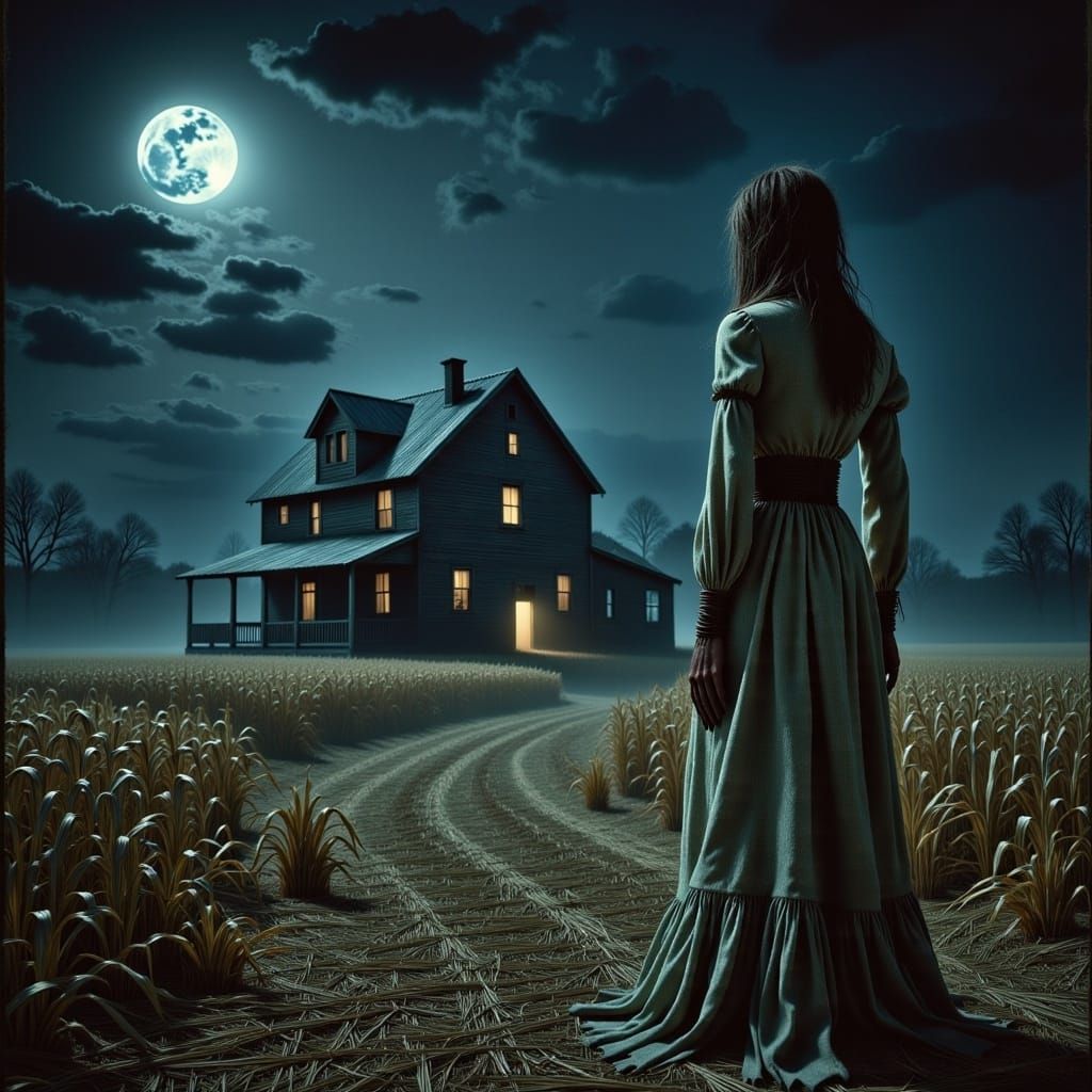 <lora:farm horror:1.0>ghost woman outside a farmhouse at night