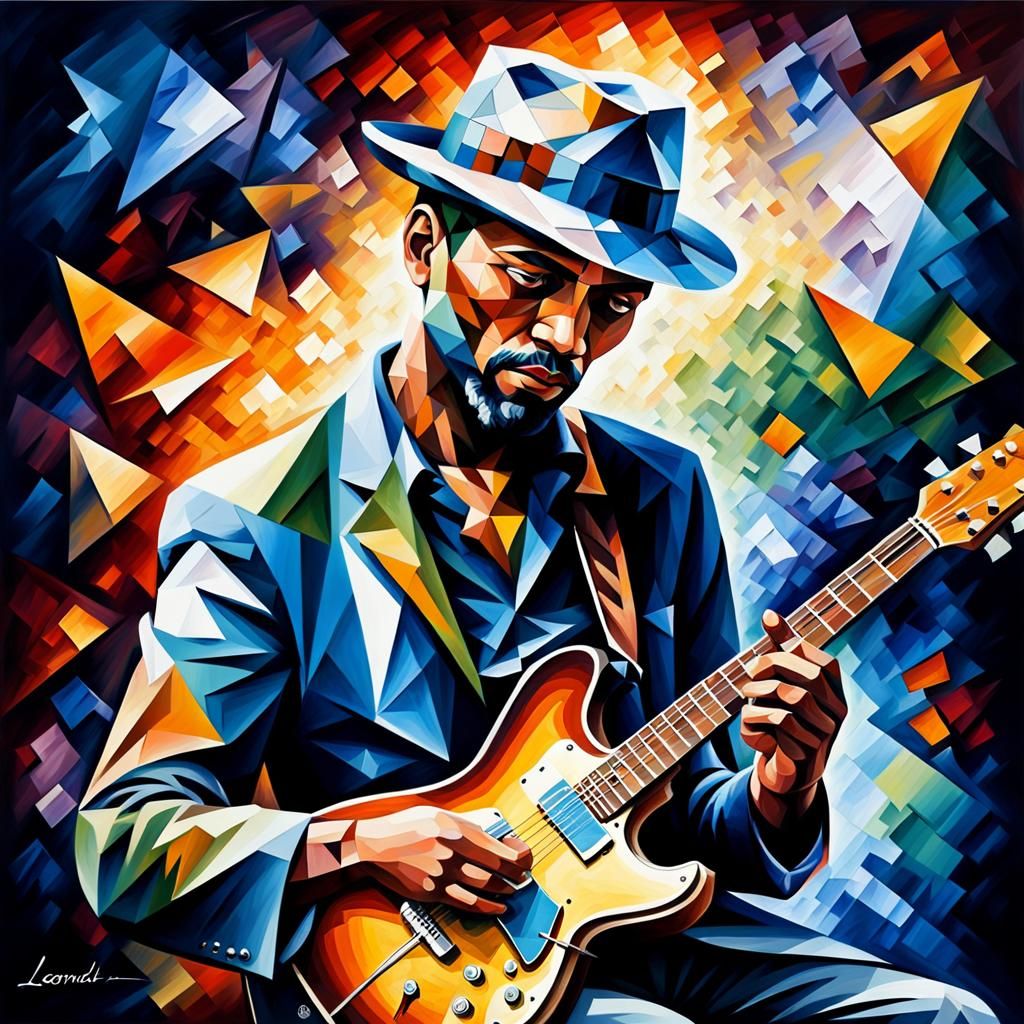 Blues guitarist  in a cubist style.of Leonid Afremov and Felix Van Horst  by @undefined