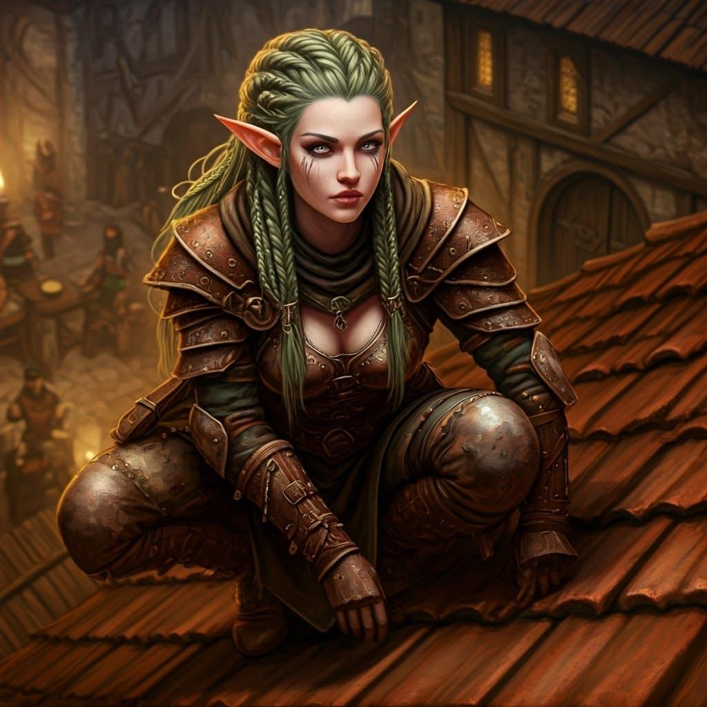 A female half elf rogue thief RPG character, she has long light green hair wearing a patchwork leather ...  by @Make me