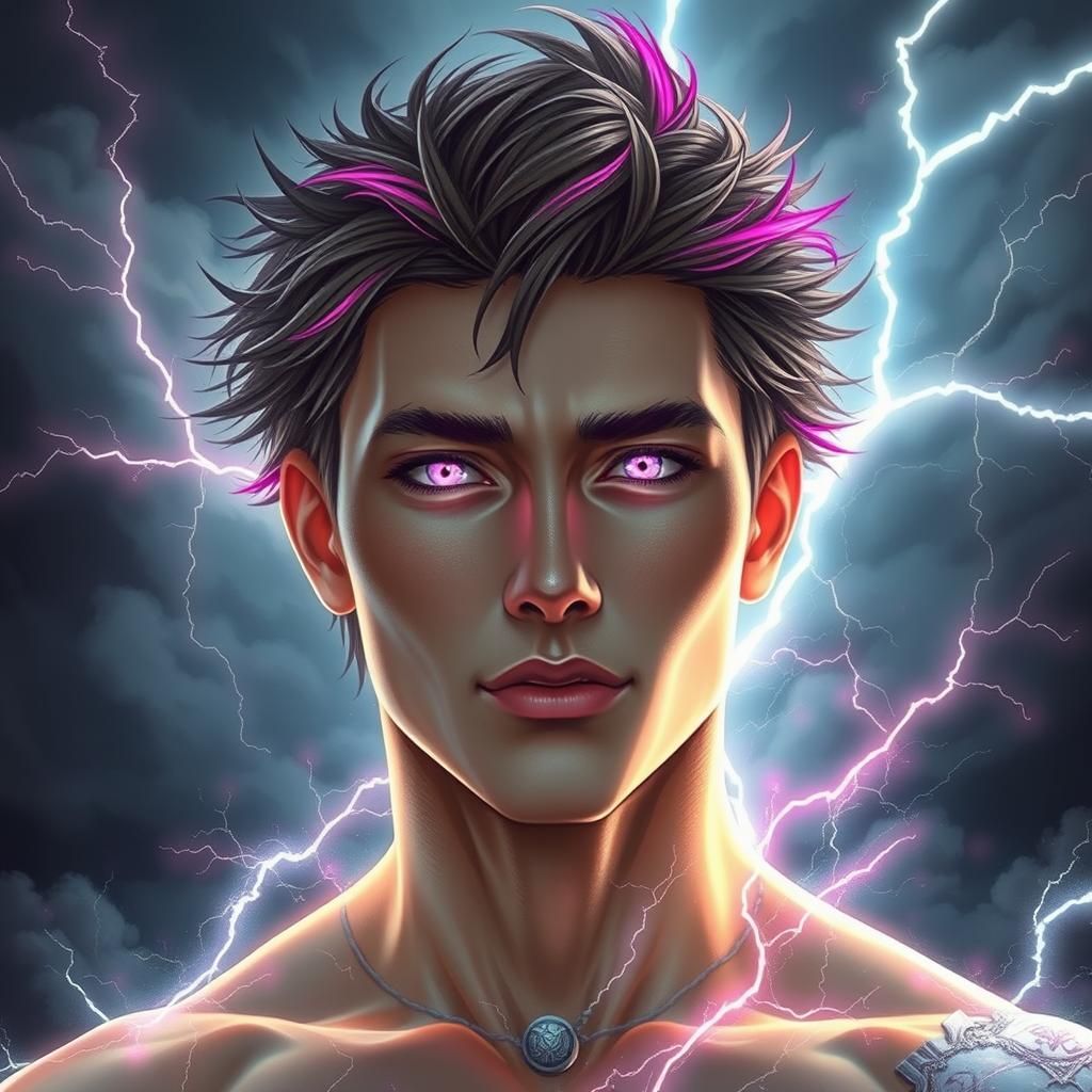 Air elemental man, extraordinarily handsome, Caucasian descent, short spiky brown hair with pink streaks, pink violet colored eyes, dark ski...