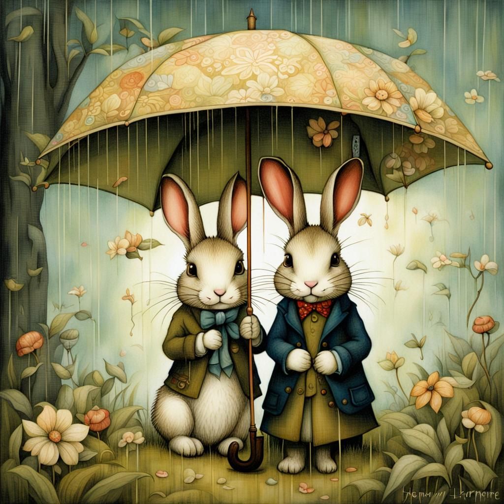 two cute rabbits under a umbrella, by Holly Hobbie and Benja...