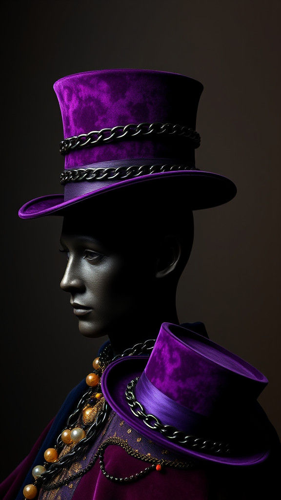 a purple hat with a black chain around it and beads on the s...