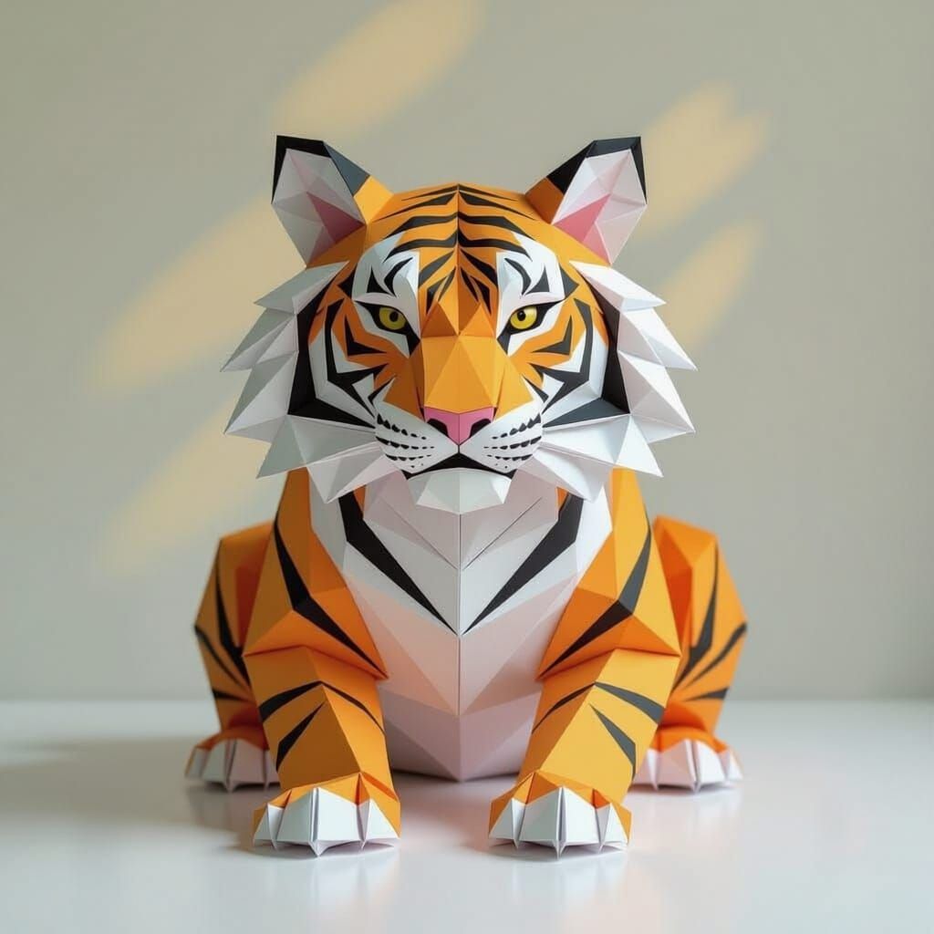 Pastel colored paper intricate huge origami tiger.