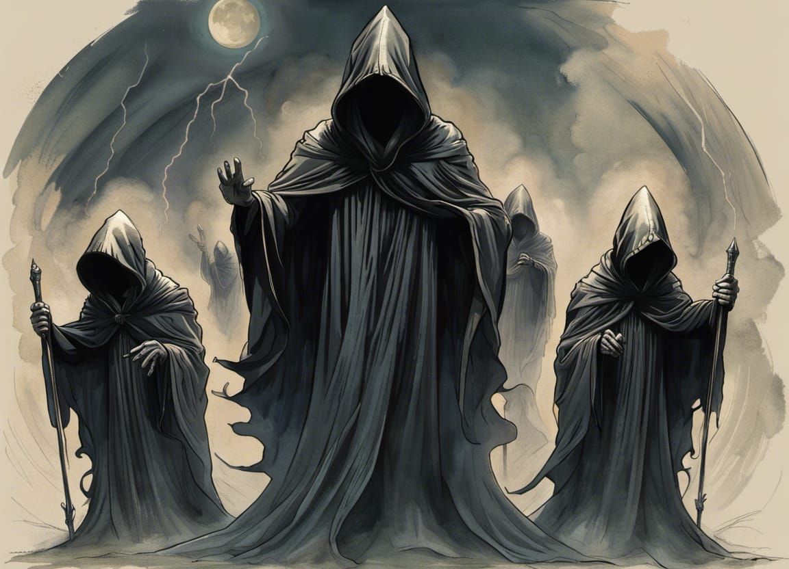 Guardian spirits, covered with hooded cloak, evoking atmosphere of doom ...