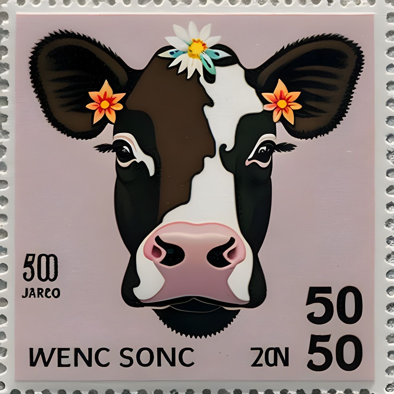 50 postage stamp of a cute cow AI Generated Artwork