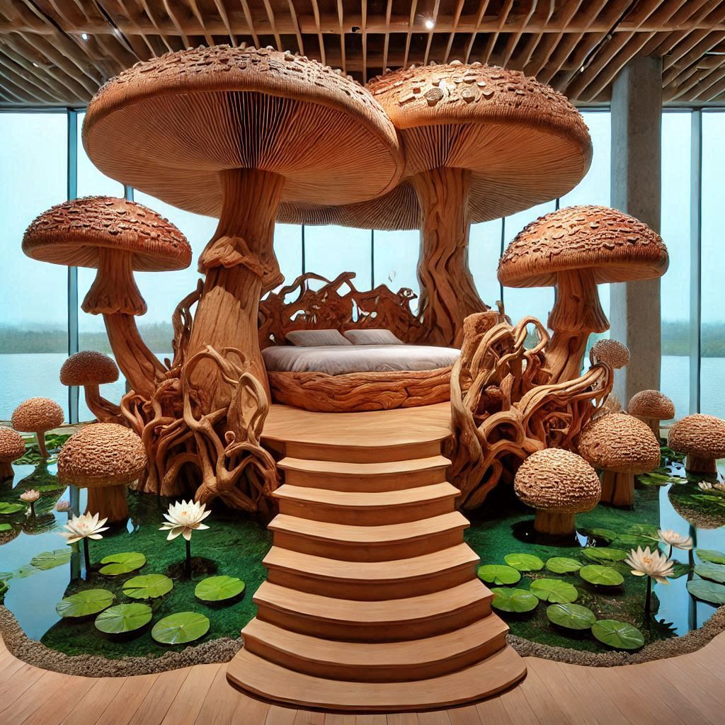 imaginative wooden bed designed in the shape of huge and small amanita muscaria, mycelium network mushroom staircase lea...