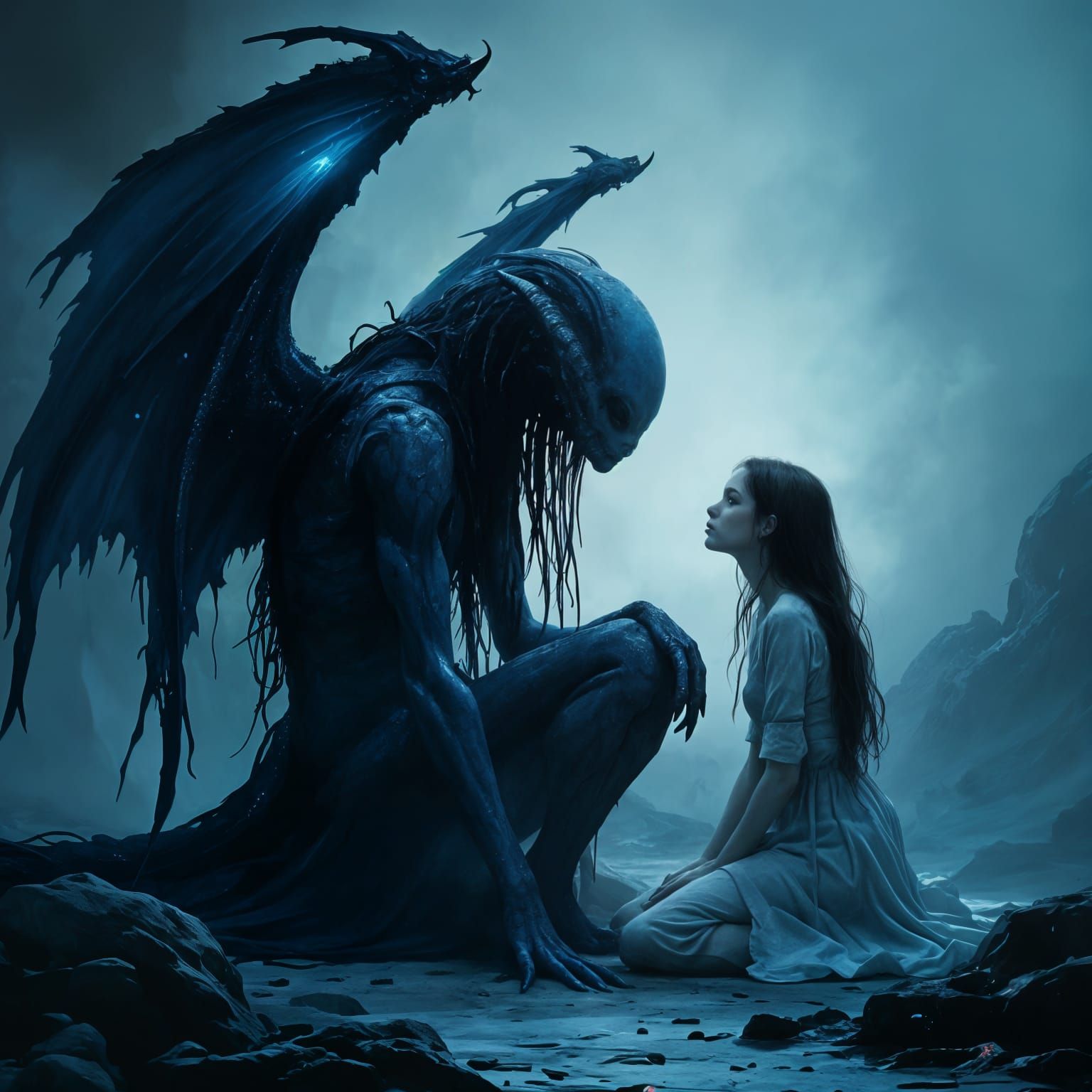 A macabre fantasy alien creature with large wings and long, flowing hair sits imposingly beside a girl ...  by @morr5750