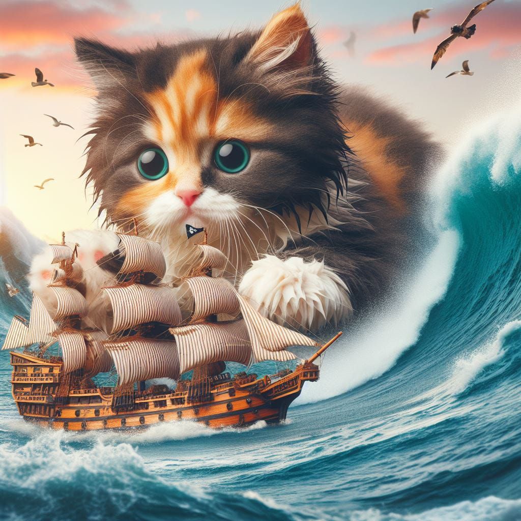 Calico kitten monster going after a pirate ship