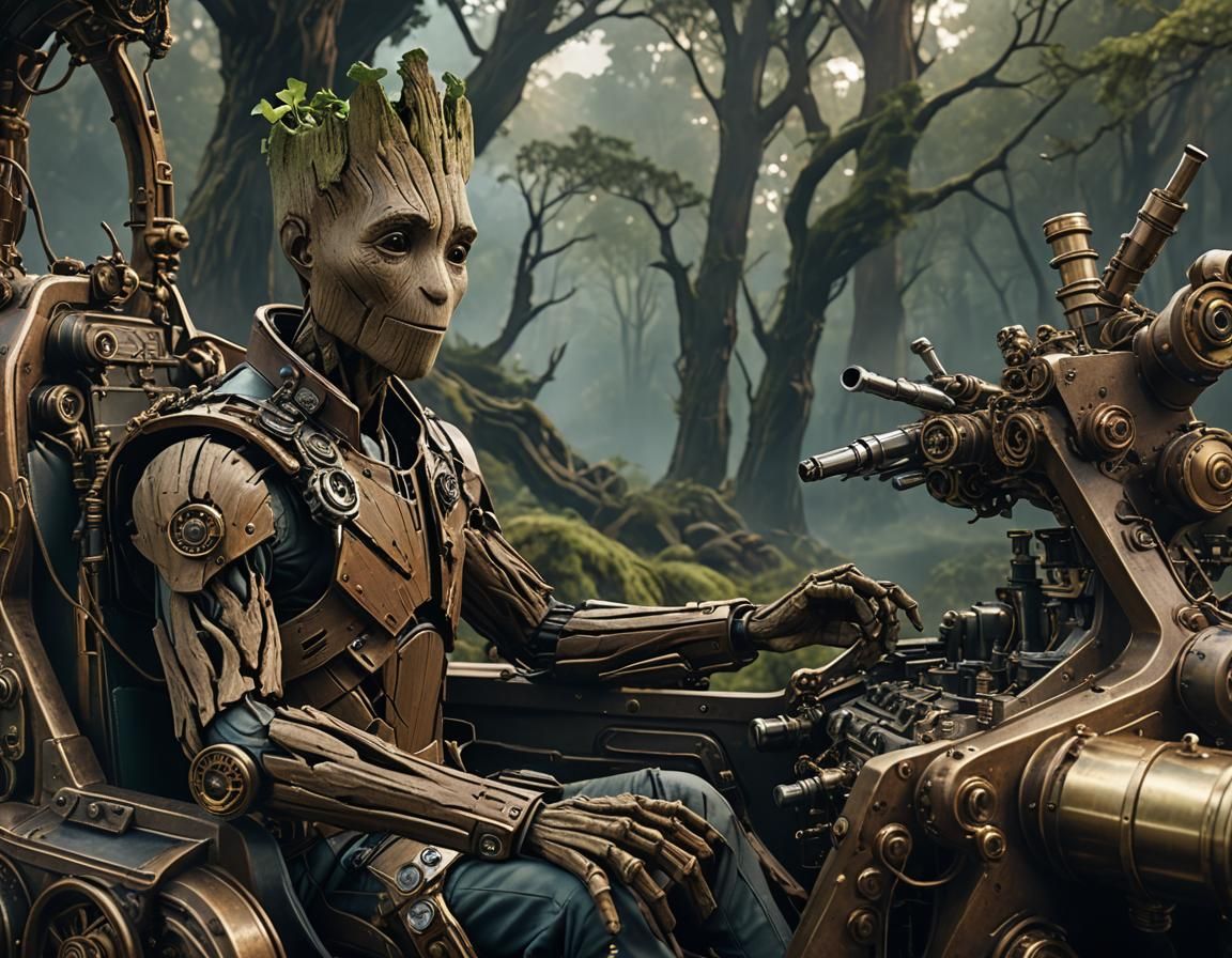 Groot Sit in the cockpit choosing weapons for the next adventure with forest scenery in backgroundHyperrealistic, detailed matte painting, d...