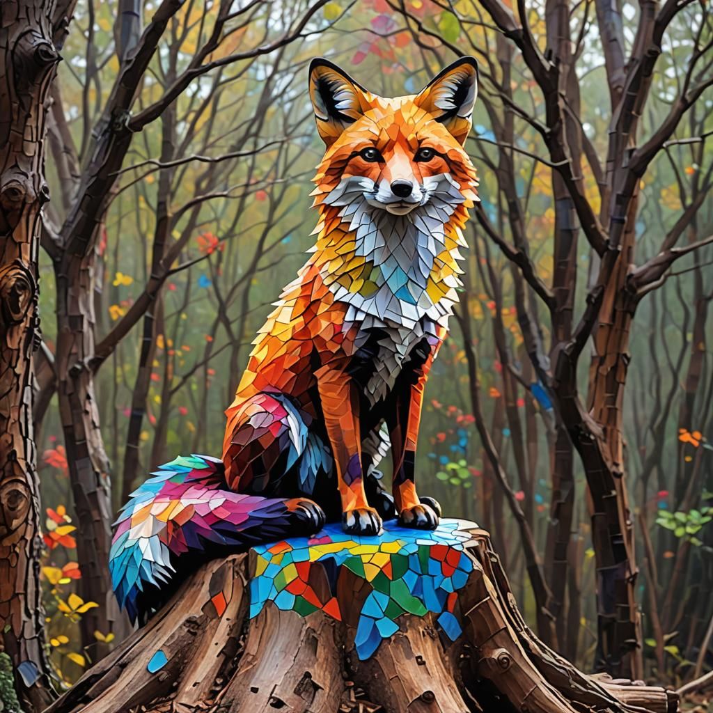 a vivid deep color rainbow fox sitting on a tree stump