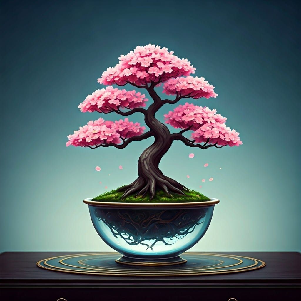 charming sakura bonsai in a large glass cup