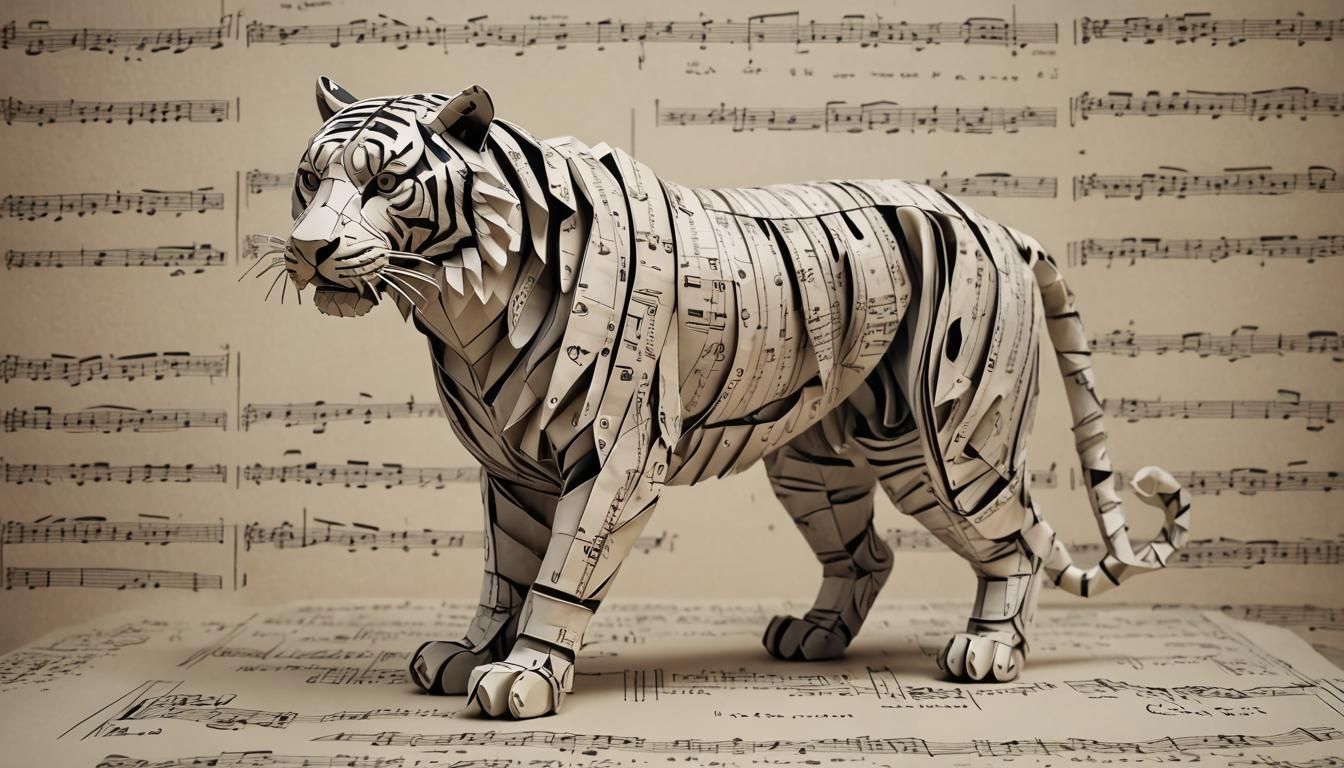 "A biologically correct tiger statue with four legs fully made entirely out of music sheet paper. Intricate ...  by @Kartik Gada