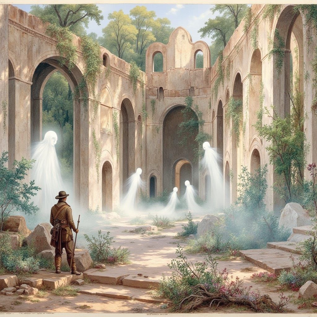 <lora:Hudson River v2:1.0> An abandoned and overgrown elven city in a forest, desolate and ruined, with pale, translucent ghosts of its form...