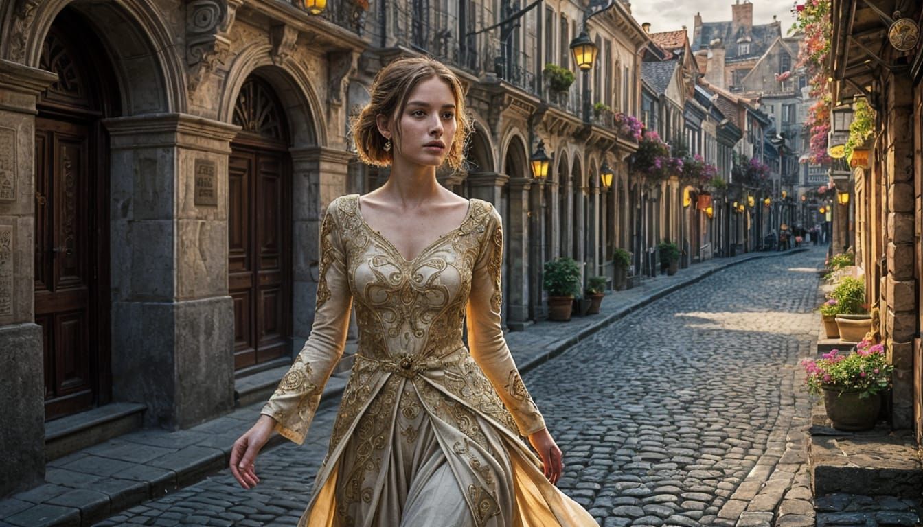 A beautiful woman in a provocative, elegant pose, set amidst intricate, colourful, and fantastical cobblestone ...  by @Frank