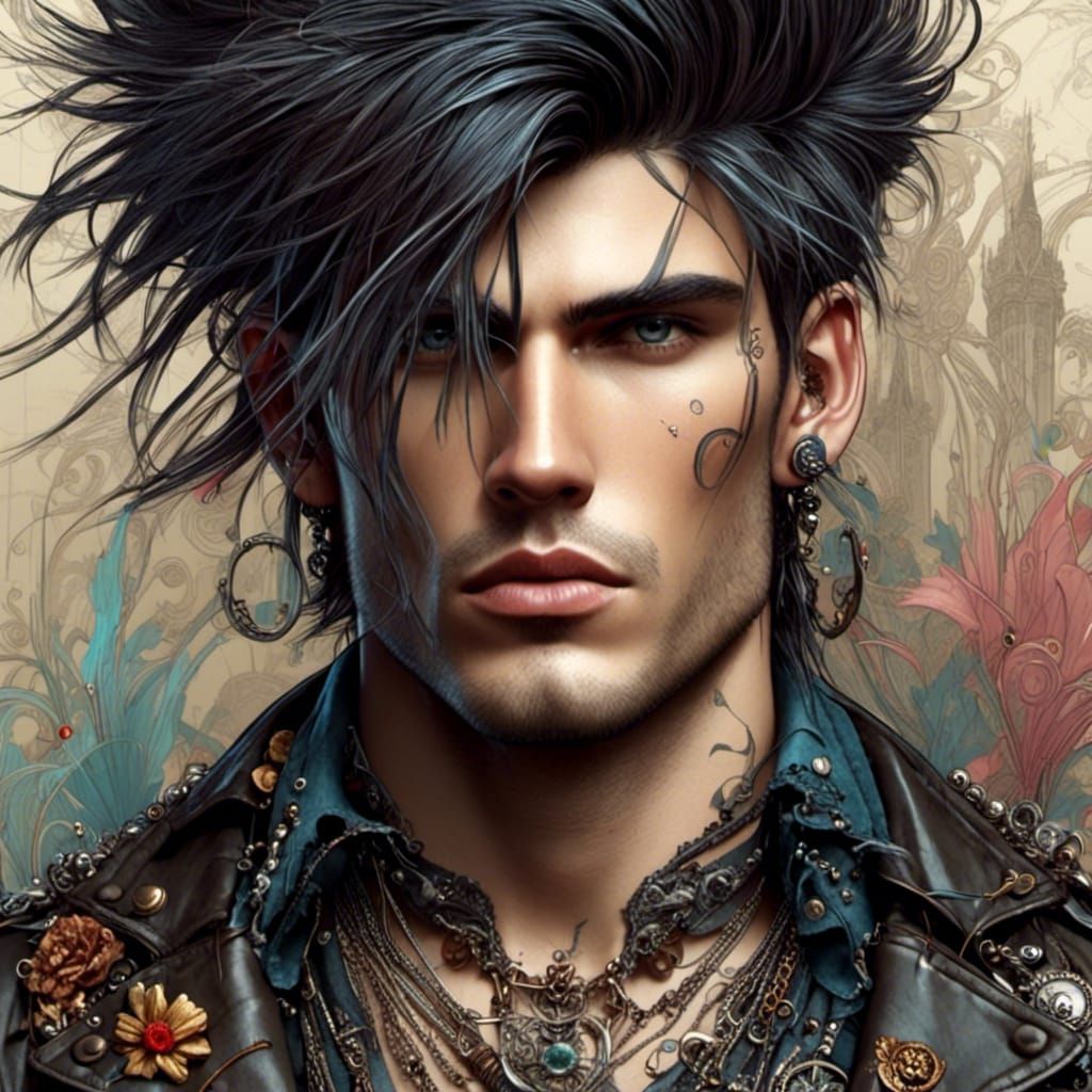  <lora:Art Nouveau Punk:1.0>dark haired punk man