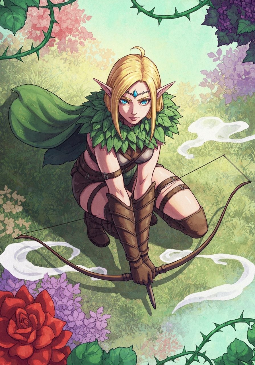 elf ranger, crouched, forest, from above, leather armor, bow, leaf cloak, d&d, 2d, full body, three quarters shot, anime...